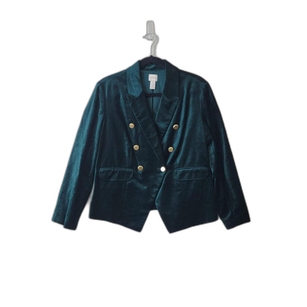 Chico's Forest Green Velvet Blazer Gold Buttons Peplum Size 2